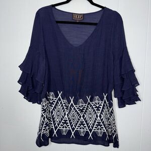 Cowgirl Up Women’s Embroidered Tiered Ruffle Top Navy Blue Size Small